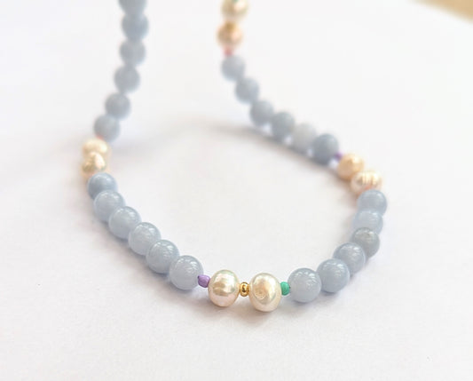 ARIEL 18k Gold Pearl Necklace with Gemstones in King's Blue