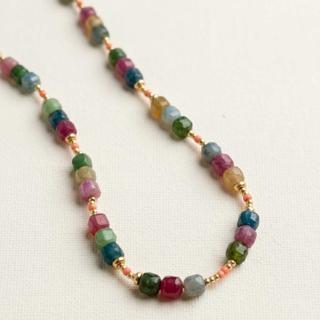 Multicolored beaded necklace on a white background
